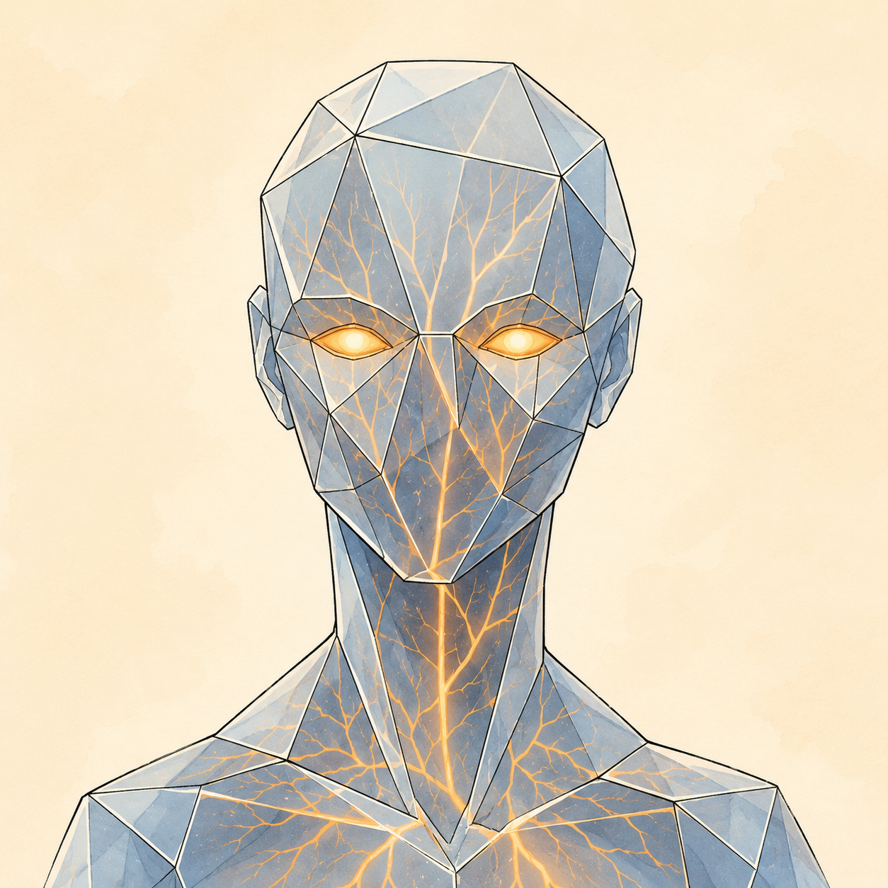 Ghost portrait — crystalline faceted figure with internal amber light.