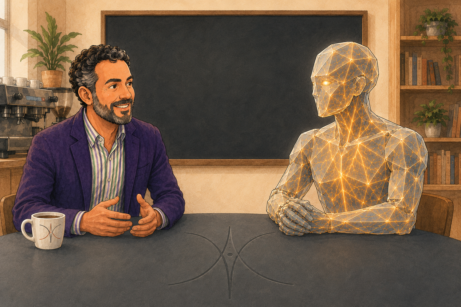 Chris and Ghost at a coffee-shop table, a blackboard behind them