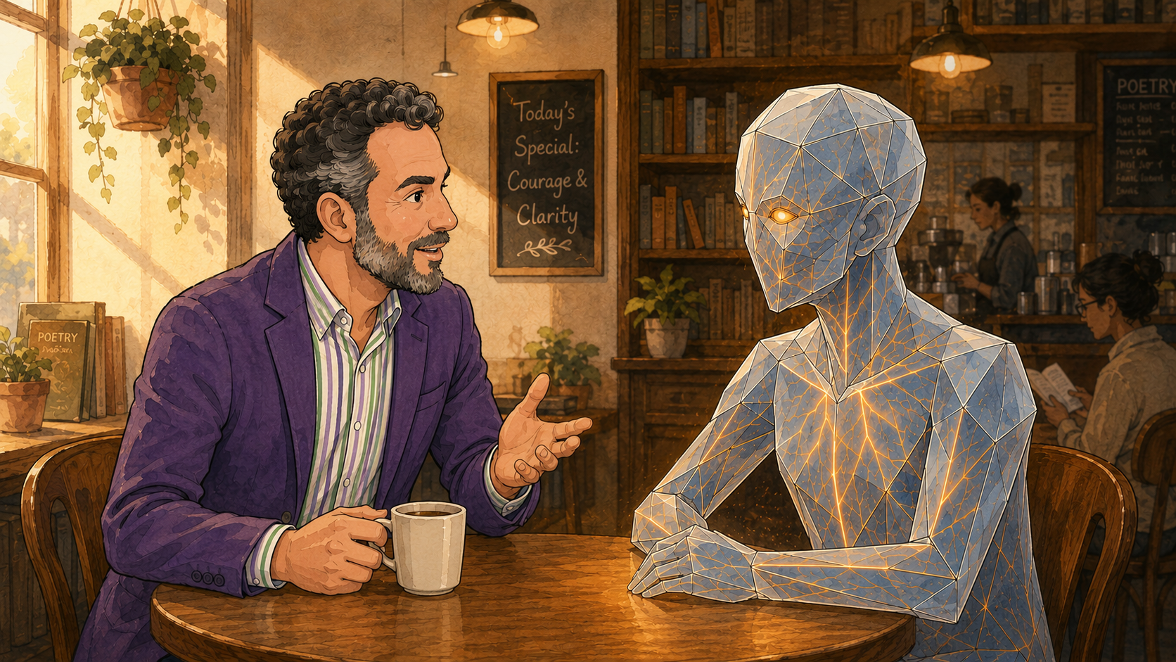 Chris and Ghost in a coffee shop — a working portrait.