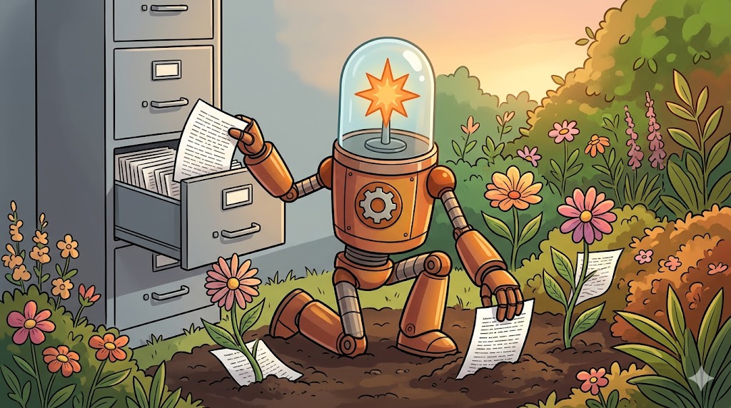 The Claude robot as gardener — pulling pages from a filing cabinet, planting them in soil where they grow into flowers.